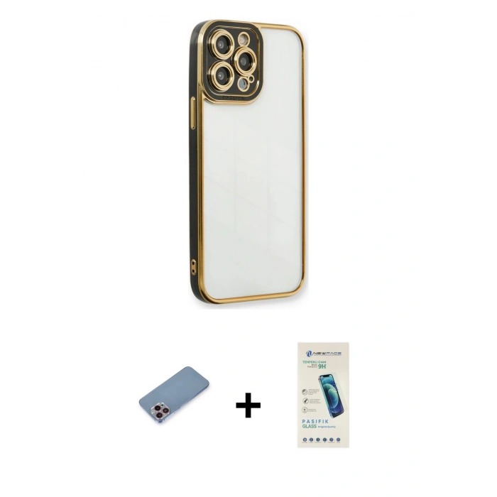 MARSİLYAN™- iPhone 13 Pro Max Kılıf Çekirdek Klasik Serisi - Şeffaf Pasifik Cam Ekran Koruyucu + Pembe Shine Kamera Lens Koruma Cam