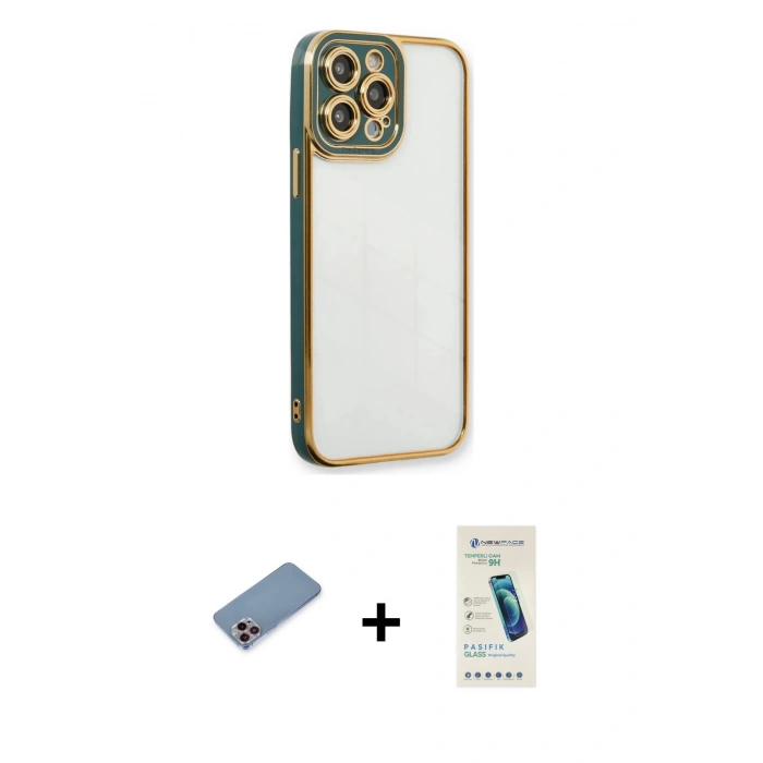 MARSİLYAN™- iPhone 13 Pro Max Kılıf Çekirdek Klasik Serisi - Şeffaf Pasifik Cam Ekran Koruyucu + Pembe Shine Kamera Lens Koruma Cam
