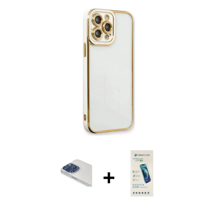 MARSİLYAN™- iPhone 13 Pro Max Kılıf Çekirdek Klasik Serisi - Şeffaf Pasifik Cam Ekran Koruyucu + Pers Alüminyum Kamera Lens - LT