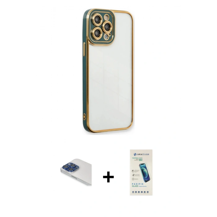MARSİLYAN™- iPhone 13 Pro Max Kılıf Çekirdek Klasik Serisi - Şeffaf Pasifik Cam Ekran Koruyucu + Pers Alüminyum Kamera Lens - LT