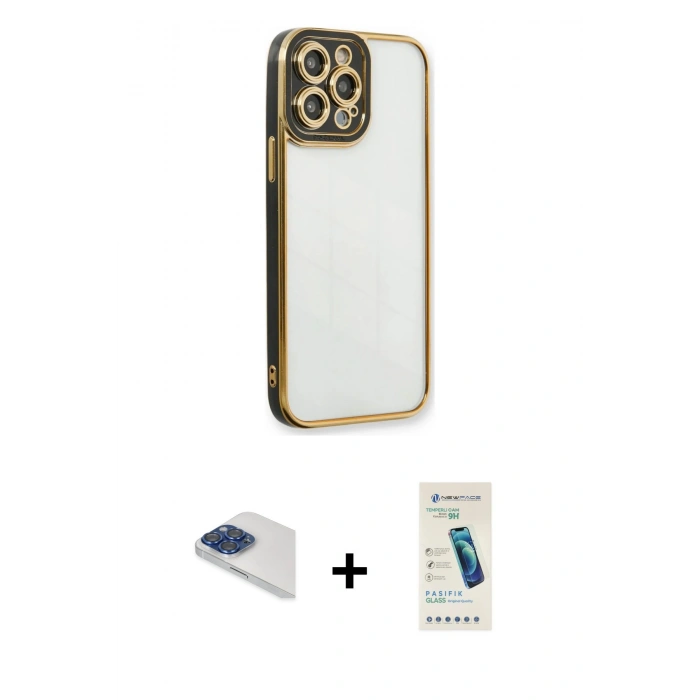 MARSİLYAN™- iPhone 13 Pro Max Kılıf Çekirdek Klasik Serisi - Şeffaf Pasifik Cam Ekran Koruyucu + Pers Alüminyum Kamera Lens - LT