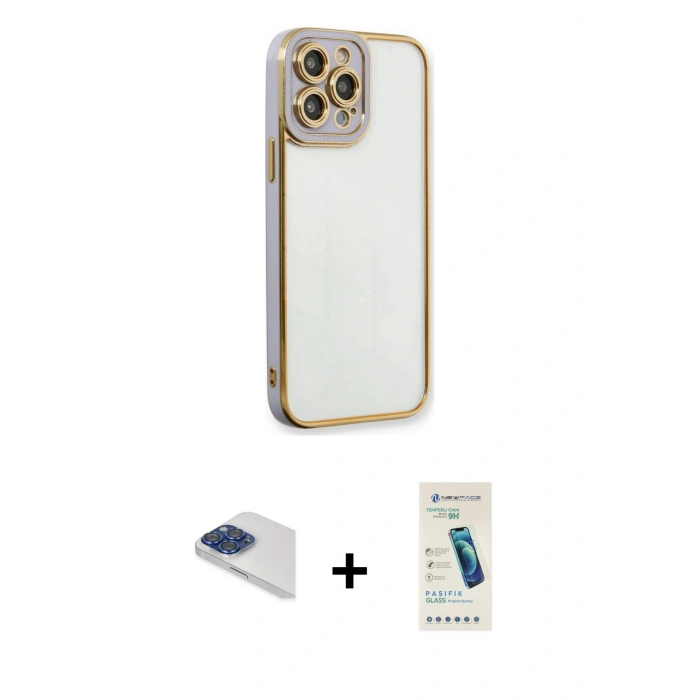 MARSİLYAN™- iPhone 13 Pro Max Kılıf Çekirdek Klasik Serisi - Şeffaf Pasifik Cam Ekran Koruyucu + Pers Alüminyum Kamera Lens - LT