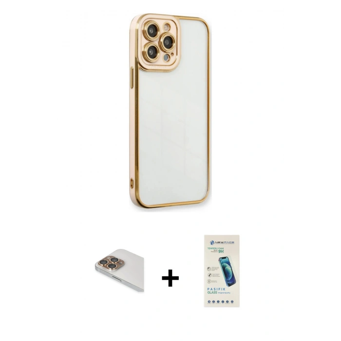 MARSİLYAN™- iPhone 13 Pro Max Kılıf Çekirdek Klasik Serisi - Şeffaf Pasifik Cam Ekran Koruyucu + Pers Alüminyum Kamera Lens - GD