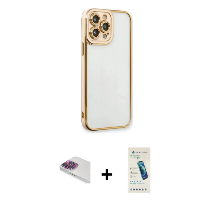 MARSİLYAN™- iPhone 13 Pro Max Kılıf Çekirdek Klasik Serisi - Şeffaf Pasifik Cam Ekran Koruyucu + Pers Alüminyum Kamera Lens - GI