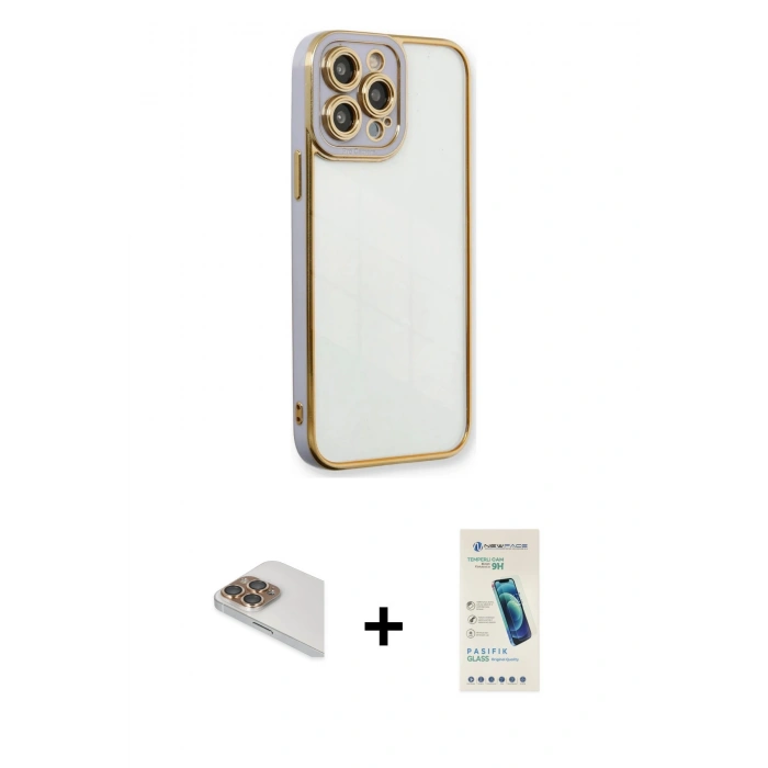 MARSİLYAN™- iPhone 13 Pro Max Kılıf Çekirdek Klasik Serisi - Şeffaf Pasifik Cam Ekran Koruyucu + Pers Alüminyum Kamera Lens - GD