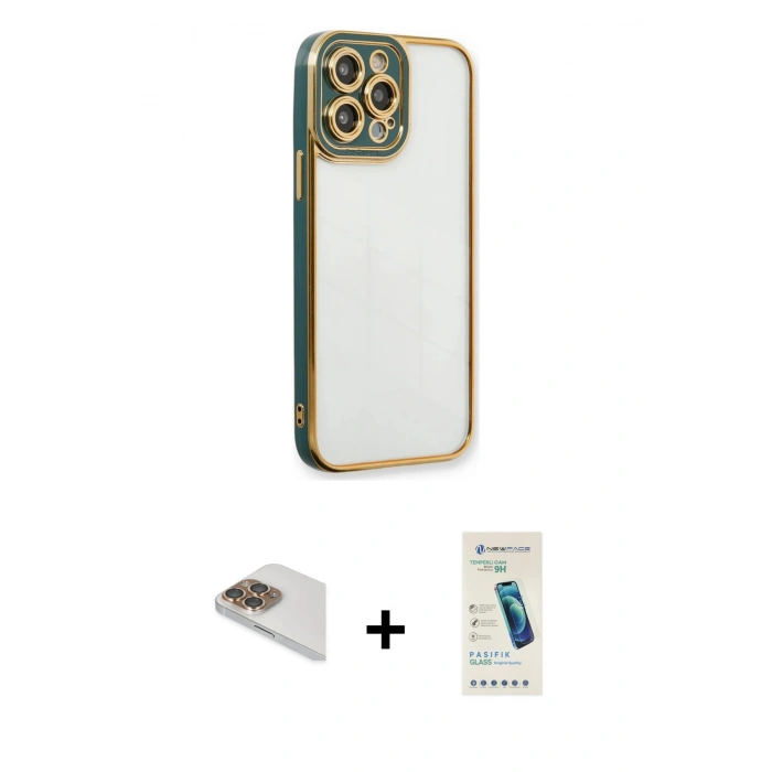 MARSİLYAN™- iPhone 13 Pro Max Kılıf Çekirdek Klasik Serisi - Şeffaf Pasifik Cam Ekran Koruyucu + Pers Alüminyum Kamera Lens - GD