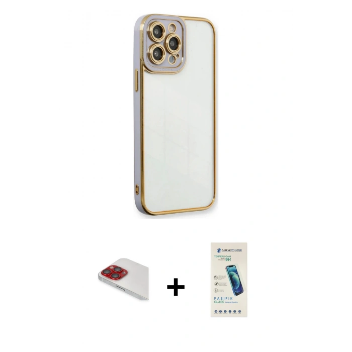 MARSİLYAN™- iPhone 13 Pro Max Kılıf Çekirdek Klasik Serisi - Şeffaf Pasifik Cam Ekran Koruyucu + Pers Alüminyum Kamera Lens - KI