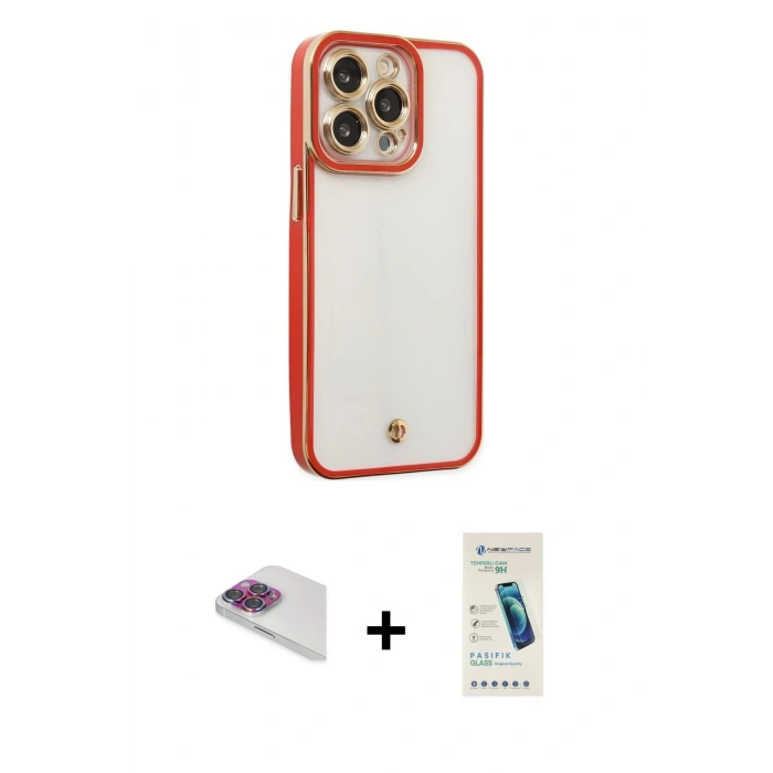 MARSİLYAN™- iPhone 13 Pro Max Kılıf Çekirdek Klasik Serisi - Şeffaf Pasifik Cam Ekran Koruyucu + Pers Alüminyum Kamera Lens - GI