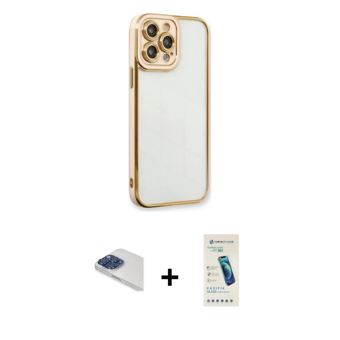 MARSİLYAN™- iPhone 13 Pro Max Kılıf Çekirdek Klasik Serisi - Şeffaf Pasifik Cam Ekran Koruyucu + Pers Alüminyum Kamera Lens - LT