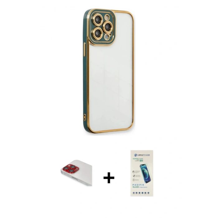 MARSİLYAN™- iPhone 13 Pro Max Kılıf Çekirdek Klasik Serisi - Şeffaf Pasifik Cam Ekran Koruyucu + Pers Alüminyum Kamera Lens - KI