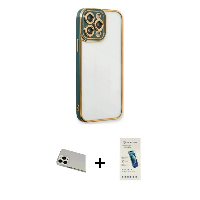 MARSİLYAN™- iPhone 13 Pro Max Kılıf Çekirdek Klasik Serisi - Şeffaf Pasifik Cam Ekran Koruyucu + Rainbow Kamera Lens Koruma Cam - BZ