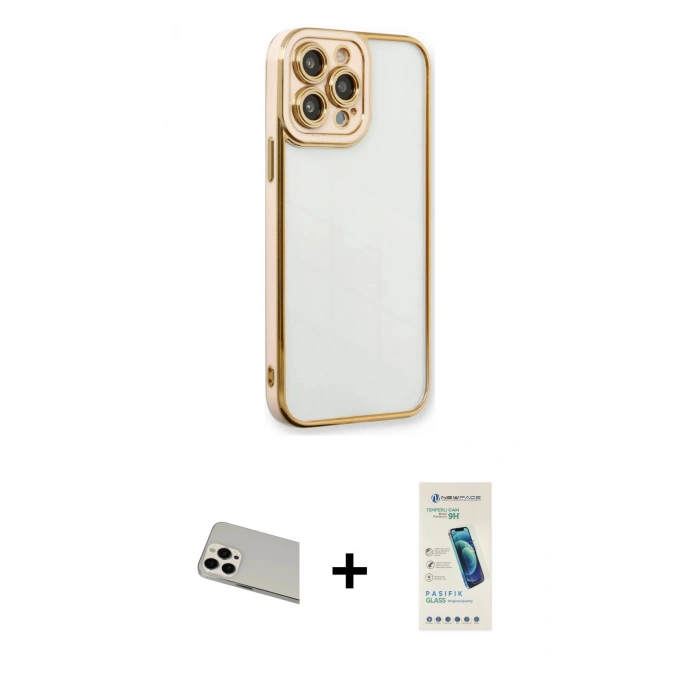 MARSİLYAN™- iPhone 13 Pro Max Kılıf Çekirdek Klasik Serisi - Şeffaf Pasifik Cam Ekran Koruyucu + Rainbow Kamera Lens Koruma Cam - BZ