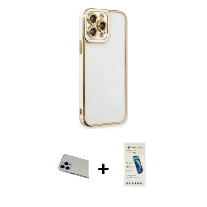 MARSİLYAN™- iPhone 13 Pro Max Kılıf Çekirdek Klasik Serisi - Şeffaf Pasifik Cam Ekran Koruyucu + Rainbow Kamera Lens Koruma Cam - MR