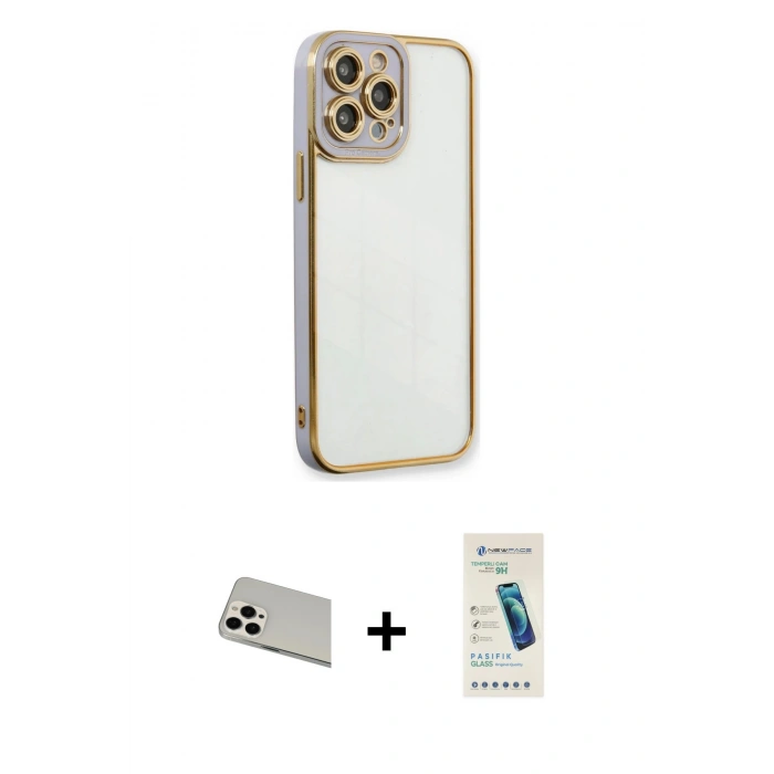 MARSİLYAN™- iPhone 13 Pro Max Kılıf Çekirdek Klasik Serisi - Şeffaf Pasifik Cam Ekran Koruyucu + Rainbow Kamera Lens Koruma Cam - BZ