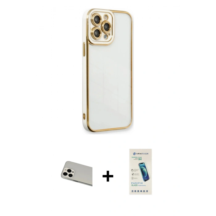 MARSİLYAN™- iPhone 13 Pro Max Kılıf Çekirdek Klasik Serisi - Şeffaf Pasifik Cam Ekran Koruyucu + Rainbow Kamera Lens Koruma Cam - BZ