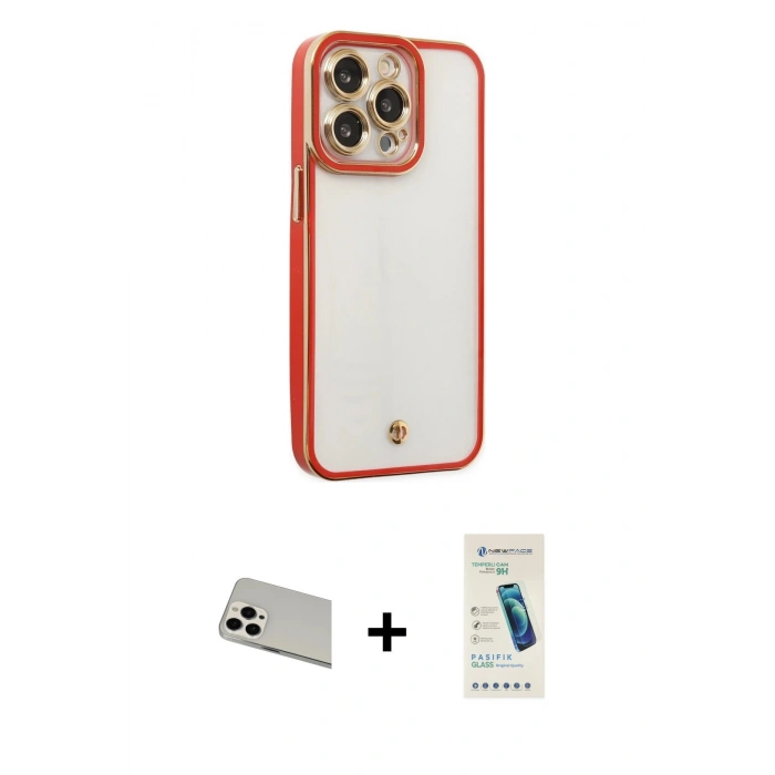 MARSİLYAN™- iPhone 13 Pro Max Kılıf Çekirdek Klasik Serisi - Şeffaf Pasifik Cam Ekran Koruyucu + Rainbow Kamera Lens Koruma Cam - BZ