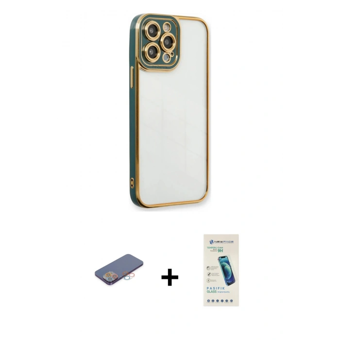 MARSİLYAN™- iPhone 13 Pro Max Kılıf Çekirdek Klasik Serisi - Şeffaf Pasifik Cam Ekran Koruyucu + Renkli Kamera Lens Koruma Cam - PE