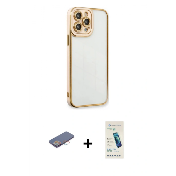MARSİLYAN™- iPhone 13 Pro Max Kılıf Çekirdek Klasik Serisi - Şeffaf Pasifik Cam Ekran Koruyucu + Renkli Kamera Lens Koruma Cam - PE