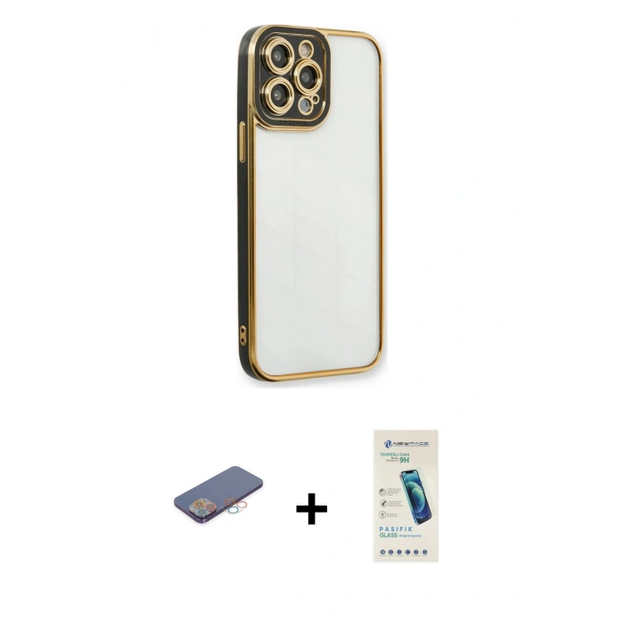 MARSİLYAN™- iPhone 13 Pro Max Kılıf Çekirdek Klasik Serisi - Şeffaf Pasifik Cam Ekran Koruyucu + Renkli Kamera Lens Koruma Cam - PE