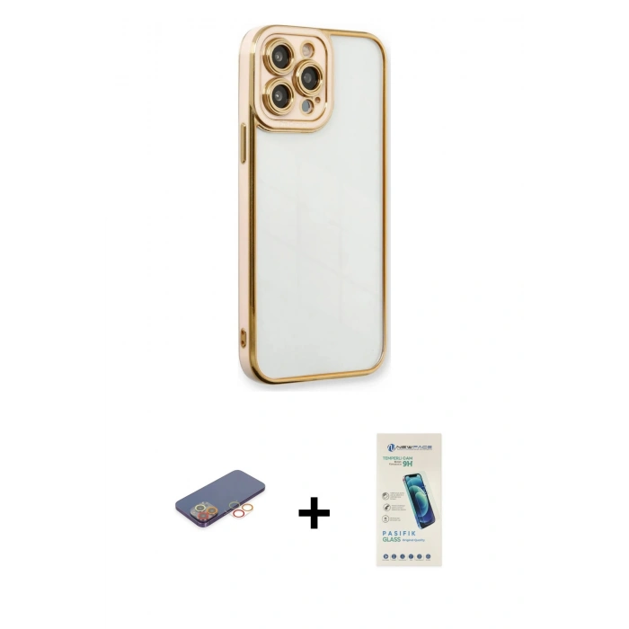 MARSİLYAN™- iPhone 13 Pro Max Kılıf Çekirdek Klasik Serisi - Şeffaf Pasifik Cam Ekran Koruyucu + Renkli Kamera Lens Koruma Cam - TU