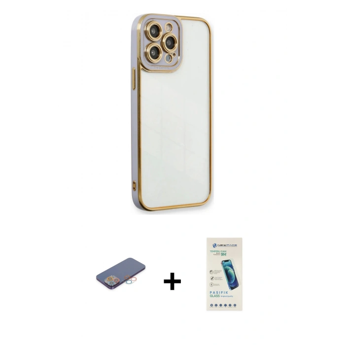 MARSİLYAN™- iPhone 13 Pro Max Kılıf Çekirdek Klasik Serisi - Şeffaf Pasifik Cam Ekran Koruyucu + Renkli Kamera Lens Koruma Cam - PE