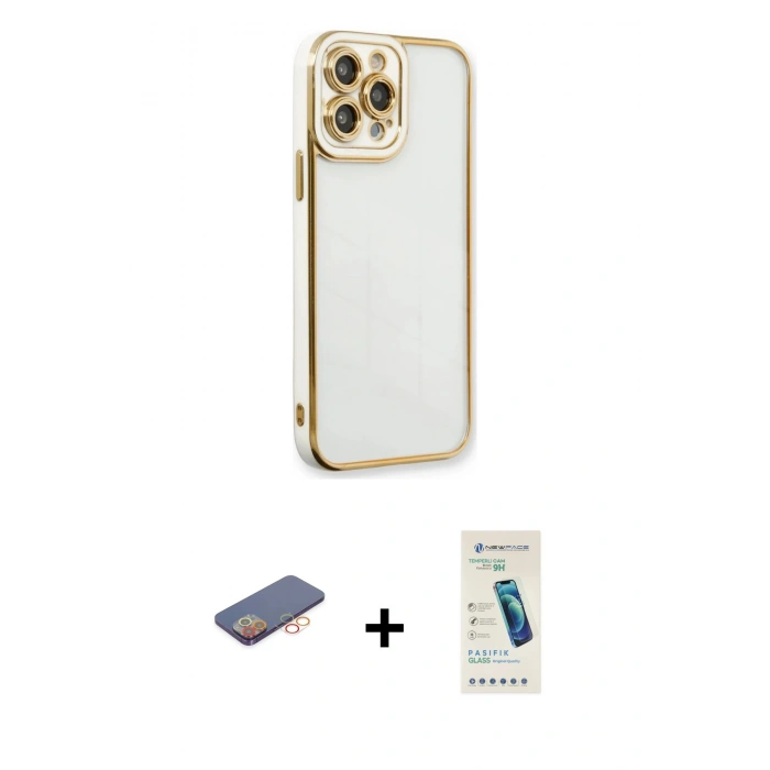 MARSİLYAN™- iPhone 13 Pro Max Kılıf Çekirdek Klasik Serisi - Şeffaf Pasifik Cam Ekran Koruyucu + Renkli Kamera Lens Koruma Cam - TU