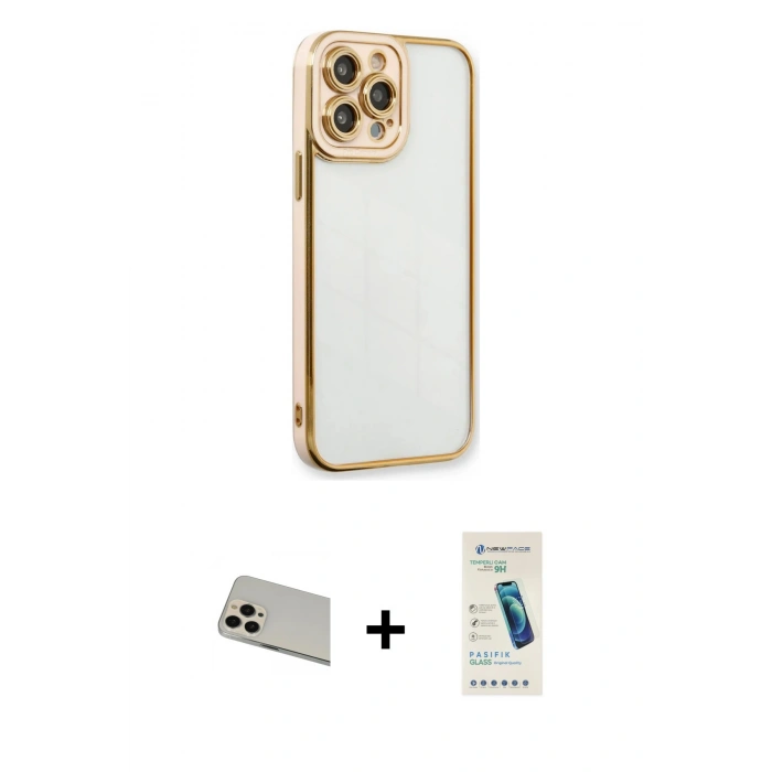 MARSİLYAN™- iPhone 13 Pro Max Kılıf Çekirdek Klasik Serisi - Şeffaf Pasifik Cam Ekran Koruyucu + Rainbow Kamera Lens Koruma Cam - REGD