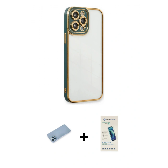 MARSİLYAN™- iPhone 13 Pro Max Kılıf Çekirdek Klasik Serisi - Şeffaf Pasifik Cam Ekran Koruyucu + Shine Kamera Lens Koruma Cam - MI
