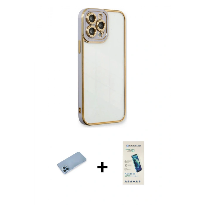 MARSİLYAN™- iPhone 13 Pro Max Kılıf Çekirdek Klasik Serisi - Şeffaf Pasifik Cam Ekran Koruyucu + Shine Kamera Lens Koruma Cam - MI