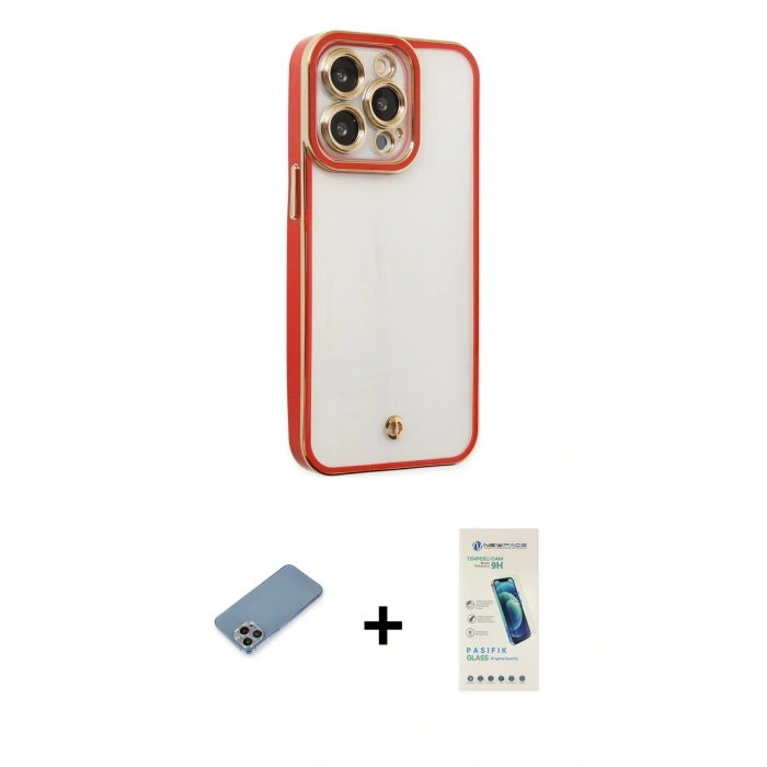 MARSİLYAN™- iPhone 13 Pro Max Kılıf Çekirdek Klasik Serisi - Şeffaf Pasifik Cam Ekran Koruyucu + Shine Kamera Lens Koruma Cam - GI