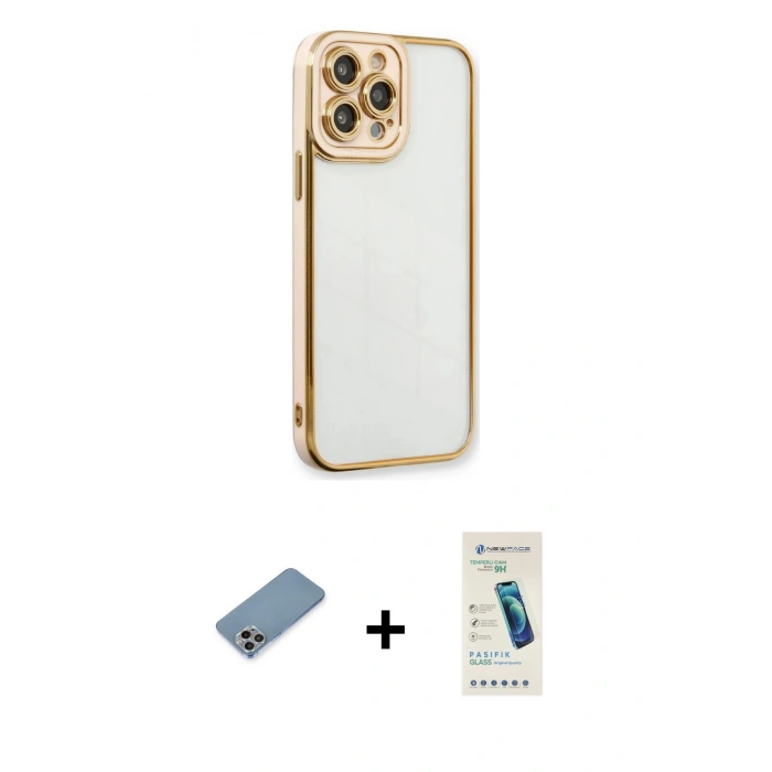 MARSİLYAN™- iPhone 13 Pro Max Kılıf Çekirdek Klasik Serisi - Şeffaf Pasifik Cam Ekran Koruyucu + Shine Kamera Lens Koruma Cam - GI