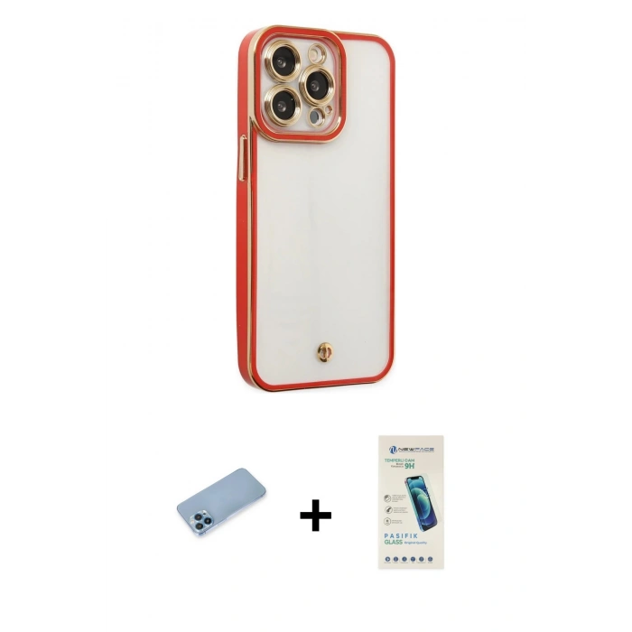 MARSİLYAN™- iPhone 13 Pro Max Kılıf Çekirdek Klasik Serisi - Şeffaf Pasifik Cam Ekran Koruyucu + Shine Kamera Lens Koruma Cam - MI