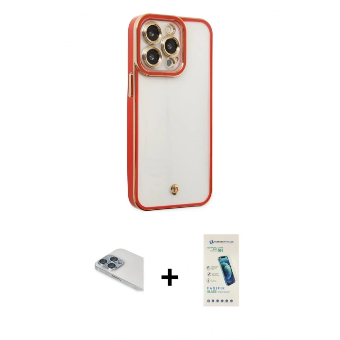 MARSİLYAN™- iPhone 13 Pro Max Kılıf Çekirdek Klasik Serisi - Şeffaf Pasifik Cam Ekran Koruyucu + Pers Alüminyum Kamera Lens - SABE