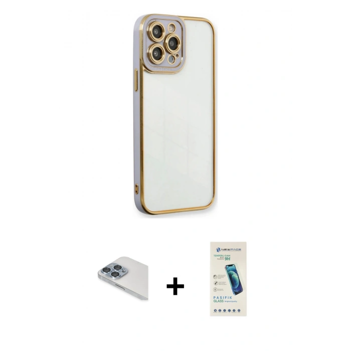 MARSİLYAN™- iPhone 13 Pro Max Kılıf Çekirdek Klasik Serisi - Şeffaf Pasifik Cam Ekran Koruyucu + Pers Alüminyum Kamera Lens - SABE