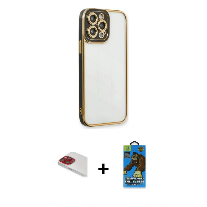 MARSİLYAN™- iPhone 13 Pro Max Kılıf Çekirdek Klasik Serisi - Siyah 18D Cam Ekran Koruyucu + Pers Alüminyum Kamera Lens - KI
