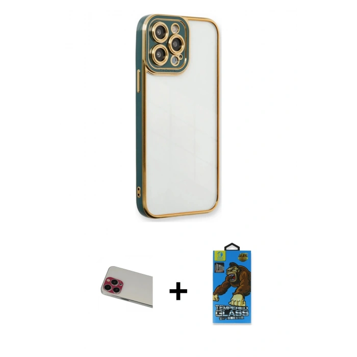 MARSİLYAN™- iPhone 13 Pro Max Kılıf Çekirdek Klasik Serisi - Siyah 18D Cam Ekran Koruyucu + Rainbow Kamera Lens Koruma Cam - KI