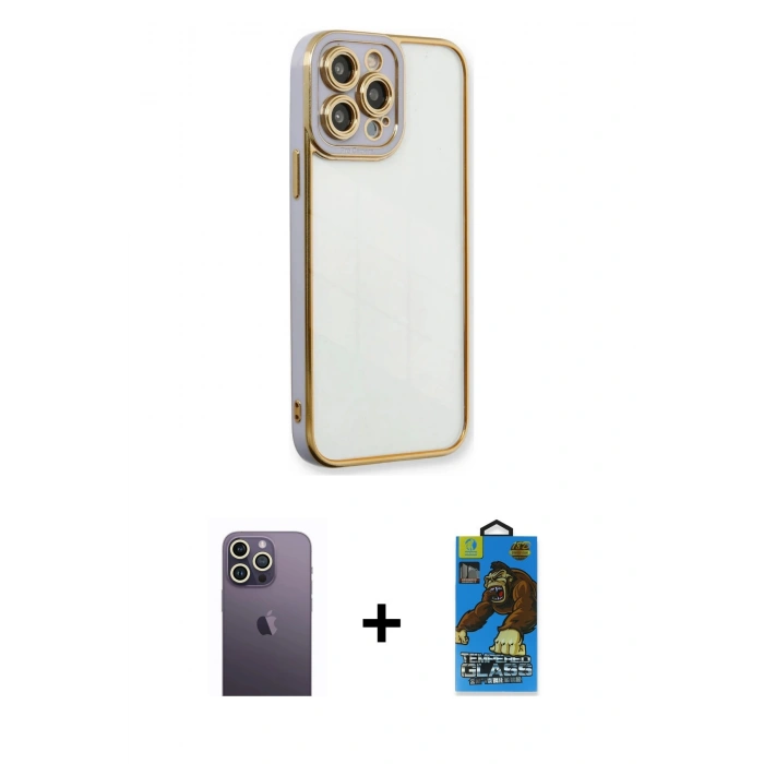 MARSİLYAN™- iPhone 13 Pro Max Kılıf Çekirdek Klasik Serisi - Siyah 18D Cam Ekran Koruyucu + Neon Fosforlu Kamera Lens - BZ