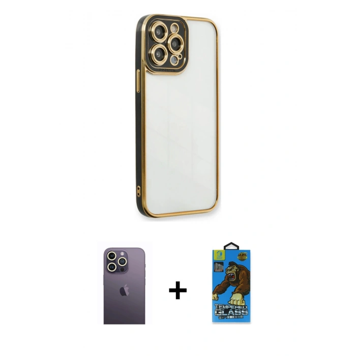MARSİLYAN™- iPhone 13 Pro Max Kılıf Çekirdek Klasik Serisi - Siyah 18D Cam Ekran Koruyucu + Neon Fosforlu Kamera Lens - BZ
