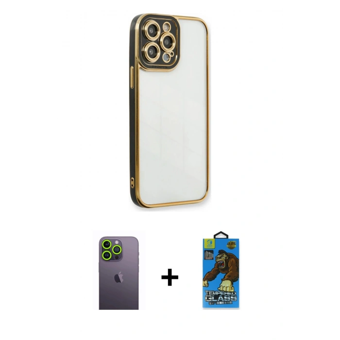 MARSİLYAN™- iPhone 13 Pro Max Kılıf Çekirdek Klasik Serisi - Siyah 18D Cam Ekran Koruyucu + Neon Fosforlu Kamera Lens - YL