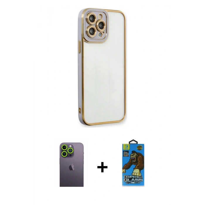 MARSİLYAN™- iPhone 13 Pro Max Kılıf Çekirdek Klasik Serisi - Siyah 18D Cam Ekran Koruyucu + Neon Fosforlu Kamera Lens - YL