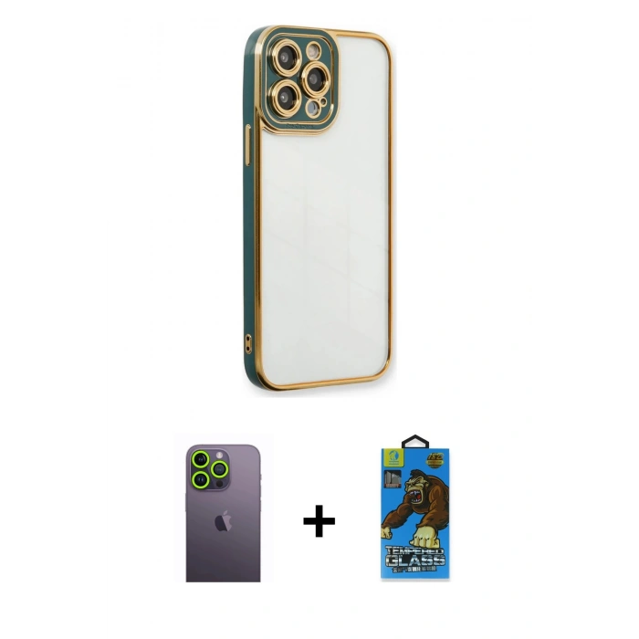 MARSİLYAN™- iPhone 13 Pro Max Kılıf Çekirdek Klasik Serisi - Siyah 18D Cam Ekran Koruyucu + Neon Fosforlu Kamera Lens - YL