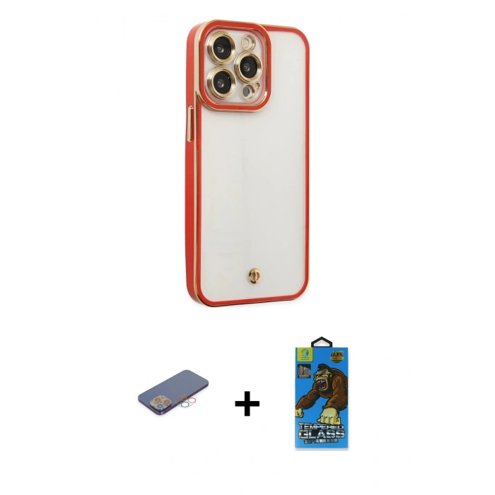 MARSİLYAN™- iPhone 13 Pro Max Kılıf Çekirdek Klasik Serisi - Siyah 18D Cam Ekran Koruyucu + Renkli Kamera Lens Koruma Cam - PE