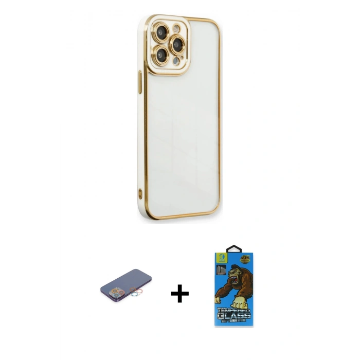 MARSİLYAN™- iPhone 13 Pro Max Kılıf Çekirdek Klasik Serisi - Siyah 18D Cam Ekran Koruyucu + Renkli Kamera Lens Koruma Cam - PE