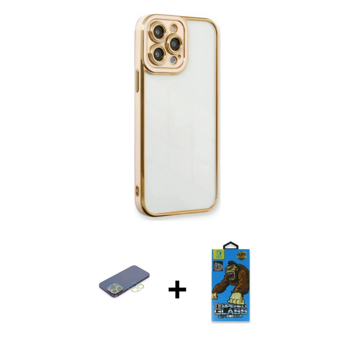 MARSİLYAN™- iPhone 13 Pro Max Kılıf Çekirdek Klasik Serisi - Siyah 18D Cam Ekran Koruyucu + Renkli Kamera Lens Koruma Cam - YL