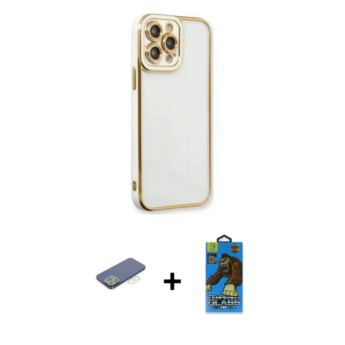 MARSİLYAN™- iPhone 13 Pro Max Kılıf Çekirdek Klasik Serisi - Siyah 18D Cam Ekran Koruyucu + Renkli Kamera Lens Koruma Cam - YL