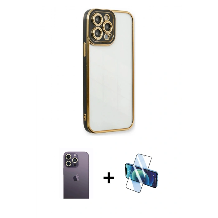 MARSİLYAN™- iPhone 13 Pro Max Kılıf Çekirdek Klasik Serisi - Siyah 3D Antistatik Cam Ekran Koruyucu + Neon Fosforlu Kamera Lens - BZ
