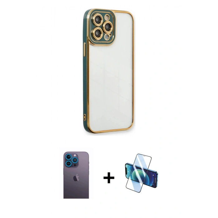 MARSİLYAN™- iPhone 13 Pro Max Kılıf Çekirdek Klasik Serisi - Siyah 3D Antistatik Cam Ekran Koruyucu + Neon Fosforlu Kamera Lens - MI