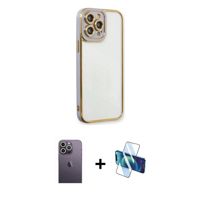 MARSİLYAN™- iPhone 13 Pro Max Kılıf Çekirdek Klasik Serisi - Siyah 3D Antistatik Cam Ekran Koruyucu + Neon Fosforlu Kamera Lens - BZ
