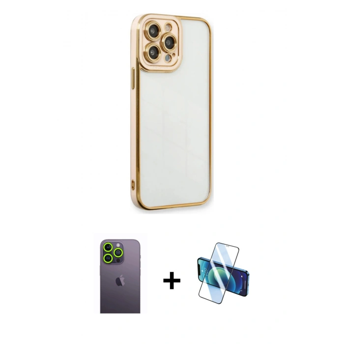 MARSİLYAN™- iPhone 13 Pro Max Kılıf Çekirdek Klasik Serisi - Siyah 3D Antistatik Cam Ekran Koruyucu + Neon Fosforlu Kamera Lens - YL