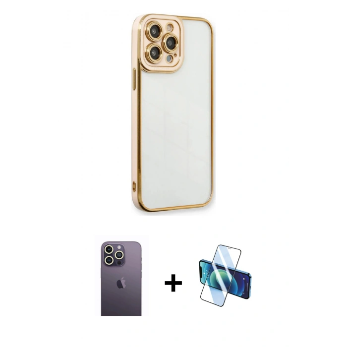 MARSİLYAN™- iPhone 13 Pro Max Kılıf Çekirdek Klasik Serisi - Siyah 3D Antistatik Cam Ekran Koruyucu + Neon Fosforlu Kamera Lens - BZ